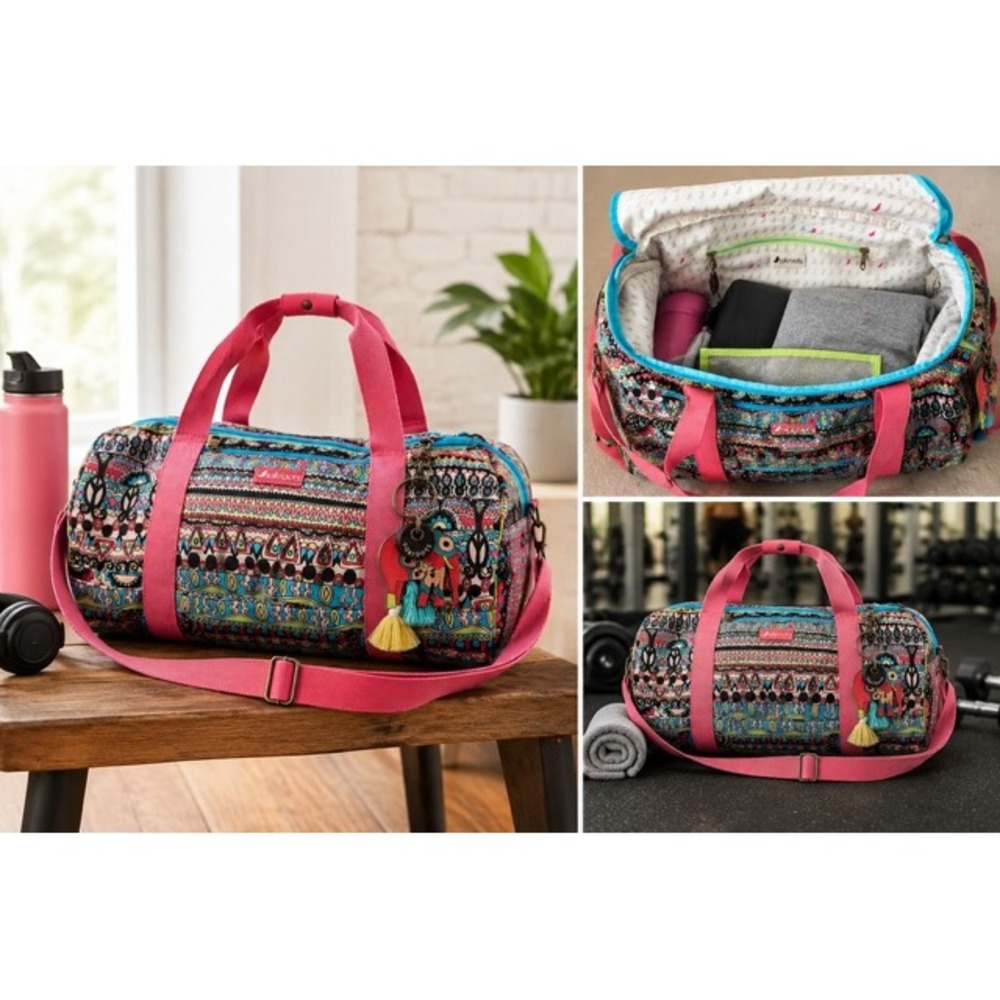 Sakroots Artist Circle Duffel Bag Peace Print Pink Blue Travel Gym Weekend Bag
